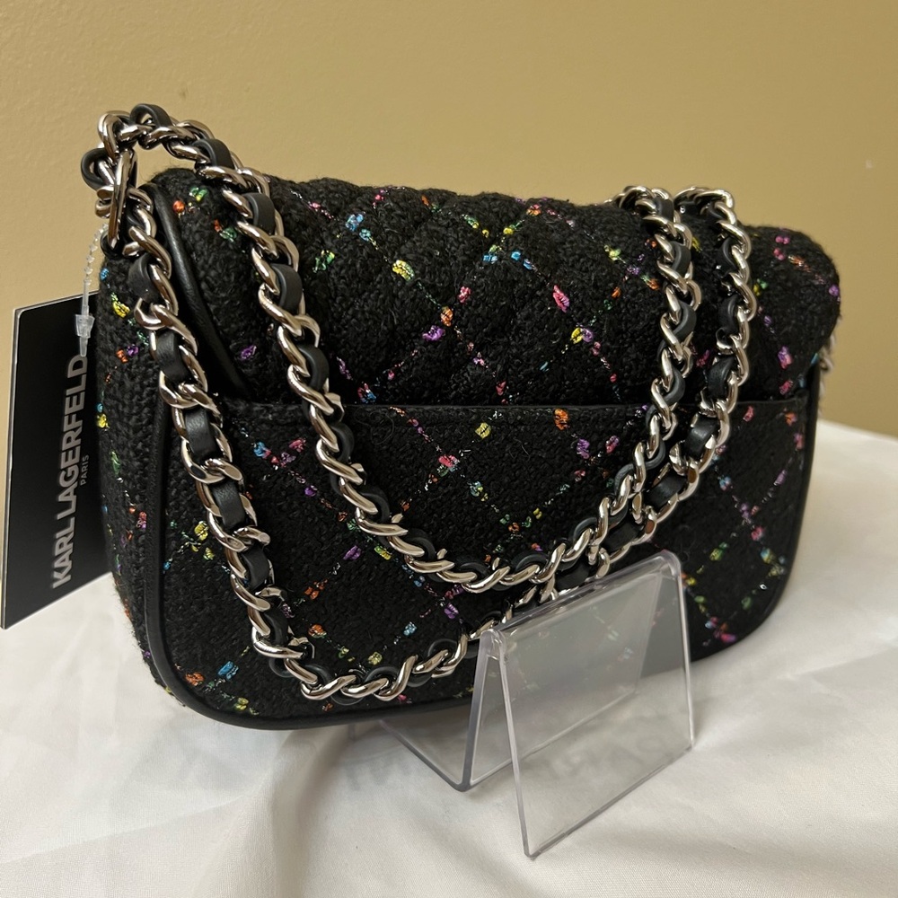 Karl Lagerfeld Black Quilted Crossbody Bag with Multicolor Thread NWT - Picture 6 of 11